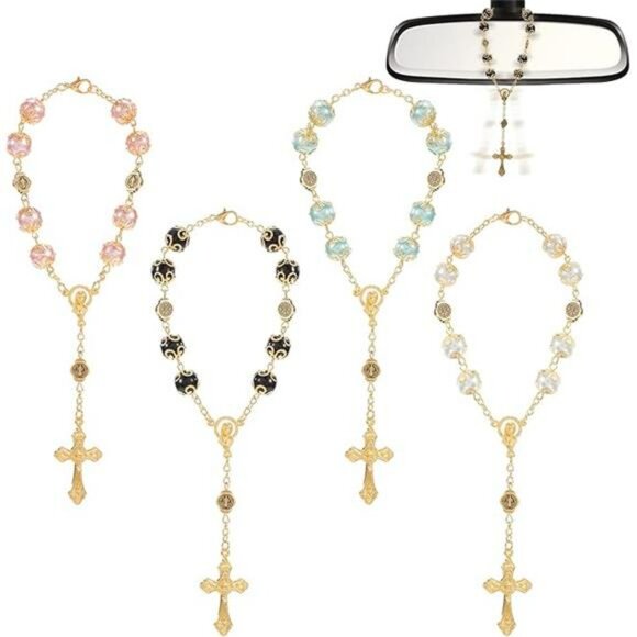 Catholic rosary beads car mirror cross pendant rearview hanging ornament set 4pc - Picture 8 of 8